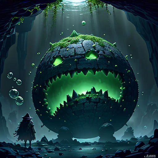 a green monster with glowing eyes and mouth is in a cave with bubbles and water around it, and a man is standing in the doorway