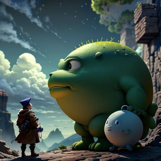 a cartoon character and a creature standing on a cliff looking at each other in the distance with a sky background