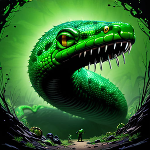 a green snake with its mouth open and a man standing in the background of it's image in a circular frame