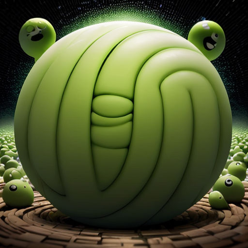 a green ball with many faces on it in a field of green balls with eyes and arms, with a black background