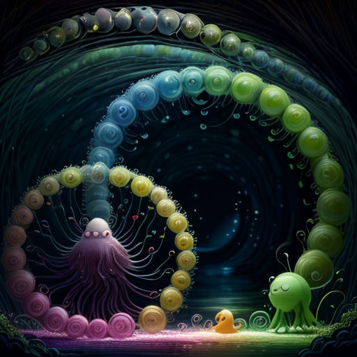 a painting of a group of colorful objects in a dark room with a black background and a black background