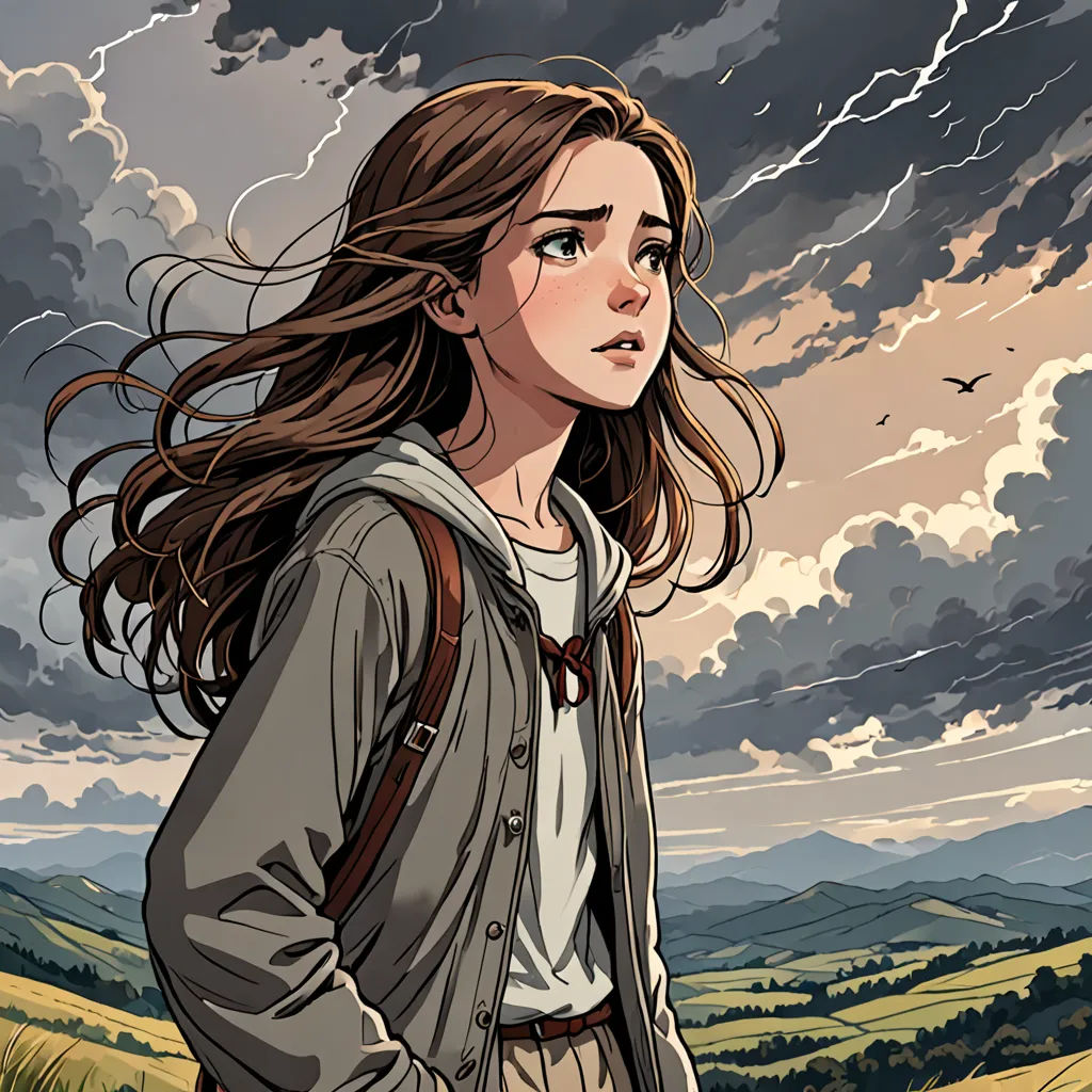 a woman with long hair standing in a field under a cloudy sky with a bird flying overhead in the distance, fantasy art, a comic book panel, Cliff Childs, comic cover art