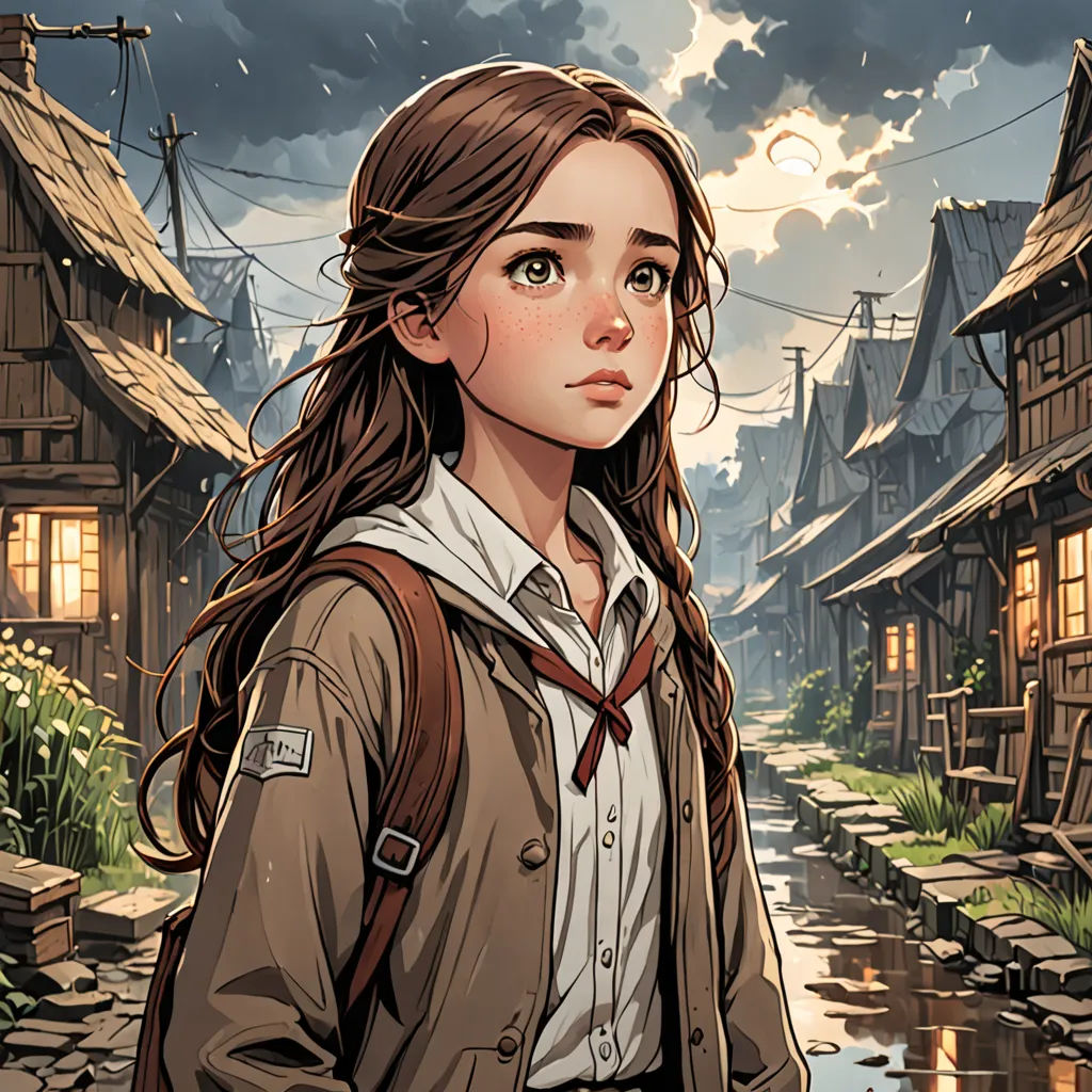 a girl with long hair and a backpack standing in front of a village with a river and houses on it, fantasy art, a comic book panel, Artgerm, cushart krenz
