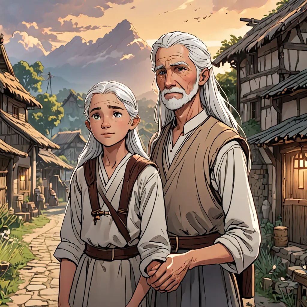 a man and a woman standing in front of a village with a mountain in the background and a sky with clouds, fantasy art, a comic book panel, Brothers Hildebrandt, official art
