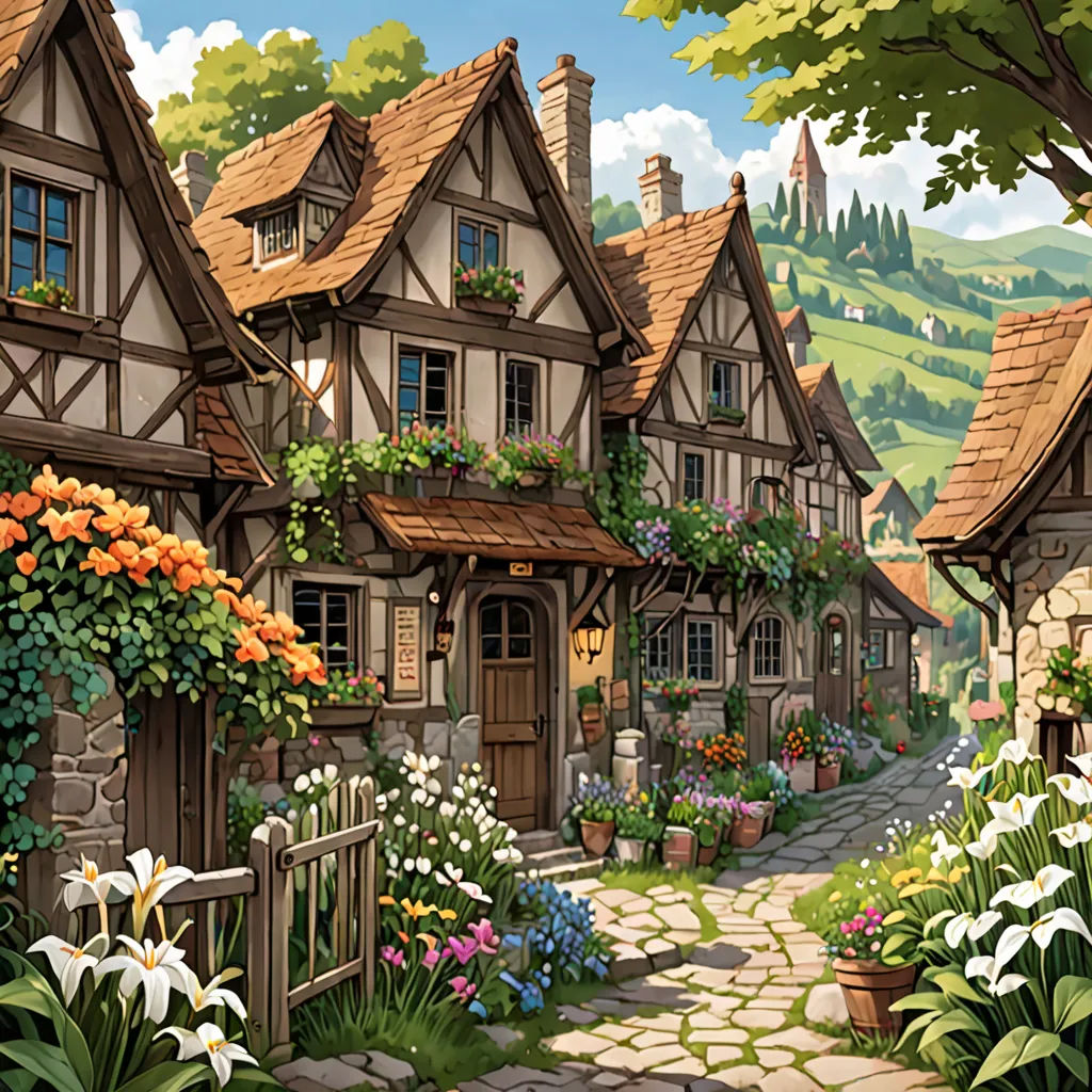 a painting of a village with flowers and a gate and a tree in the foreground and a path leading to a house, fantasy art, a detailed matte painting, Colin Middleton, kinkade