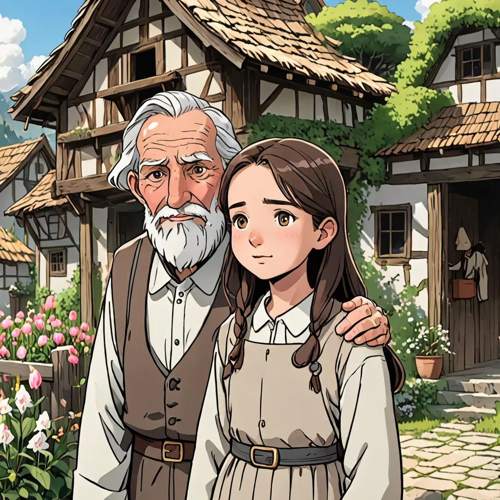 a man and a woman standing in front of a house with flowers in the yard and a man with a beard, arts and crafts movement, a storybook illustration, Anne Said, official art