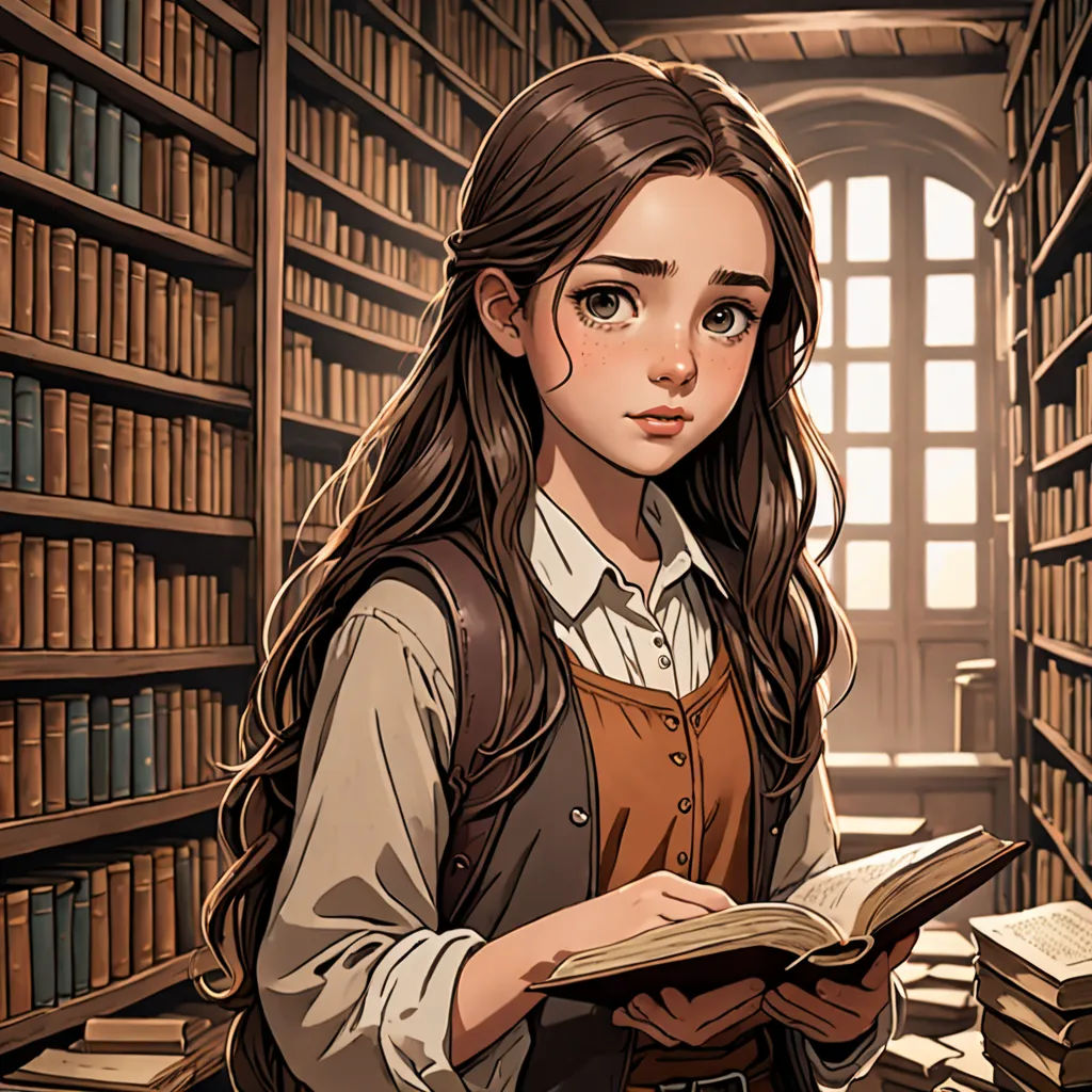 a girl standing in a library holding a book and looking at the camera with a book in her hand, fantasy art, a character portrait, Charlie Bowater, rossdraws global illumination