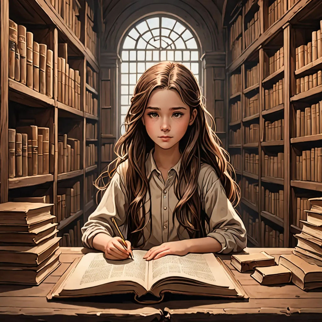 a girl sitting at a table with a book in front of her and a bunch of books on the shelves, fantasy art, a storybook illustration, Charlie Bowater, storybook illustration