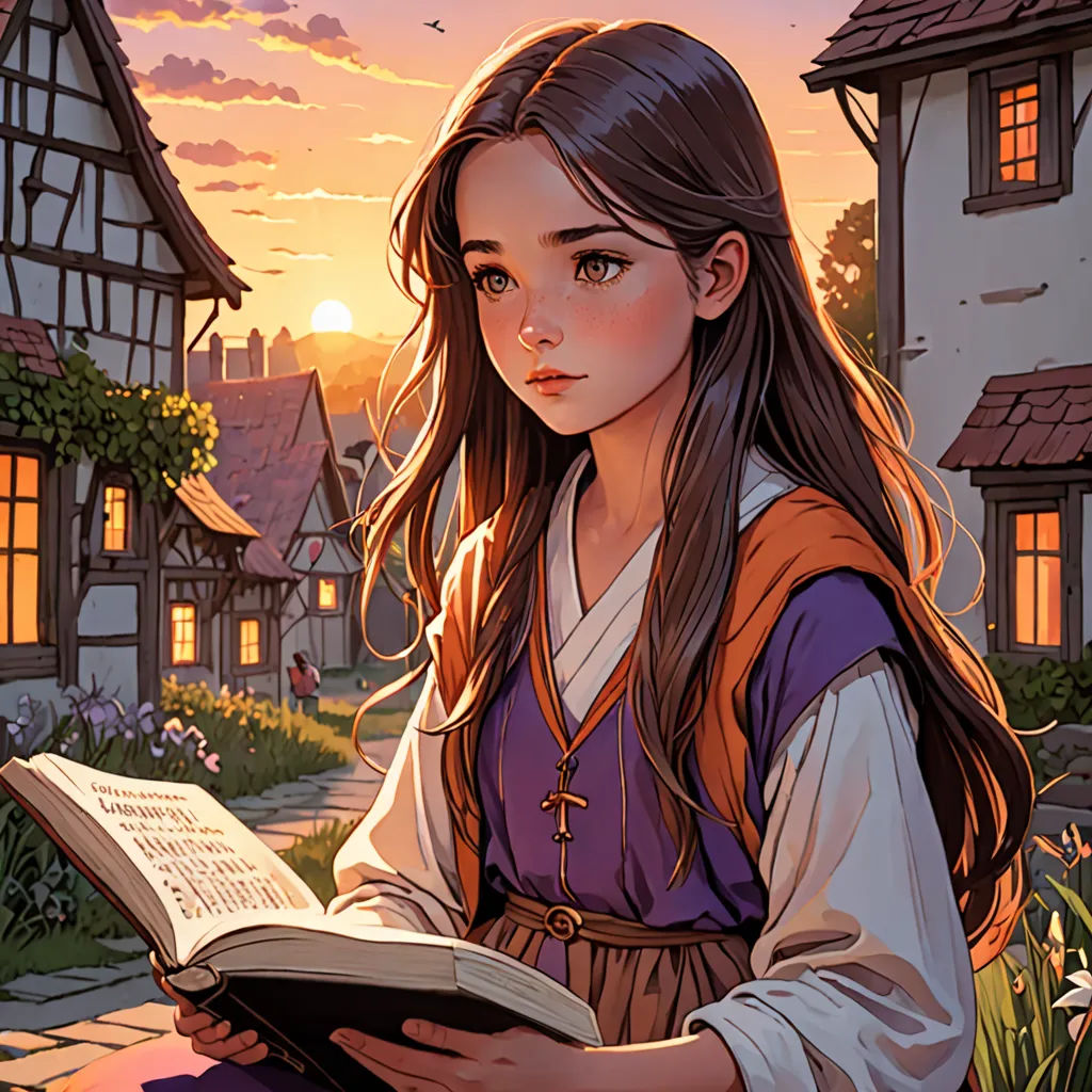 a girl is reading a book in front of a sunset and a house with a bird flying overhead in the sky, fantasy art, a storybook illustration, Colin Middleton, rossdraws global illumination
