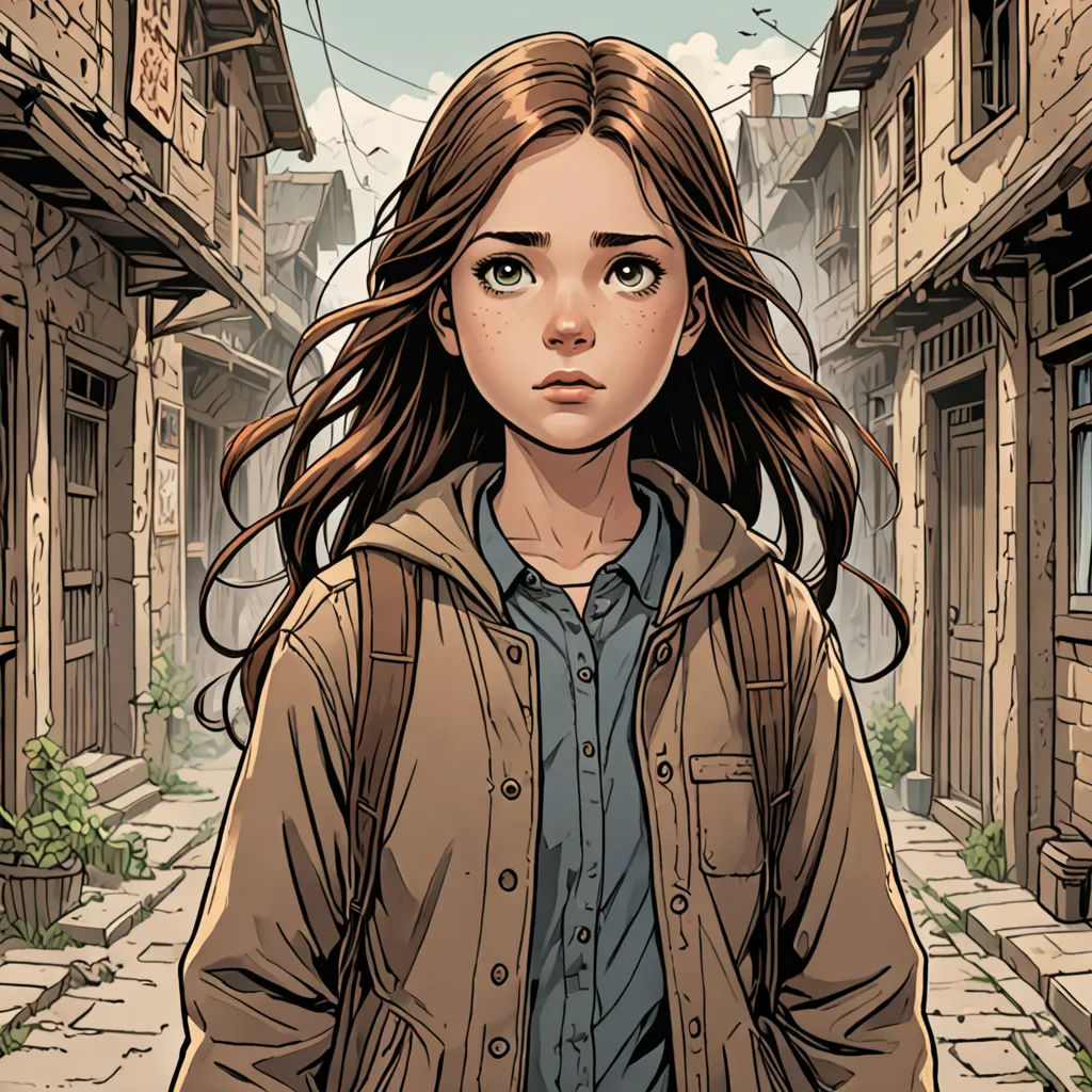 a girl in a brown jacket is walking down a street with a bird flying overhead and buildings in the background, process art, a comic book panel, Cliff Childs, comic cover art