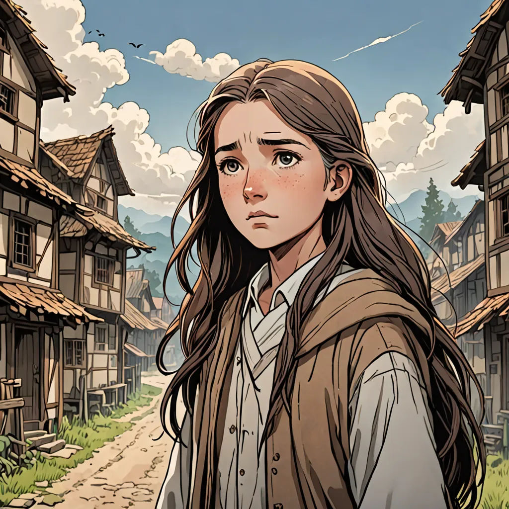 a girl with long hair standing in front of a village with a path leading to a building with a clock on it, fantasy art, a comic book panel, Edgar Ainsworth, comic cover art