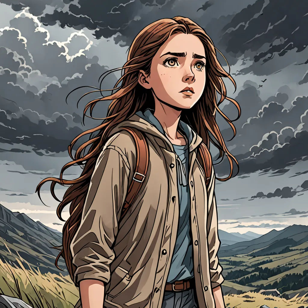a woman with long hair standing in a field with a cloudy sky behind her and a mountain in the background, process art, a comic book panel, Ada Hill Walker, comic cover art