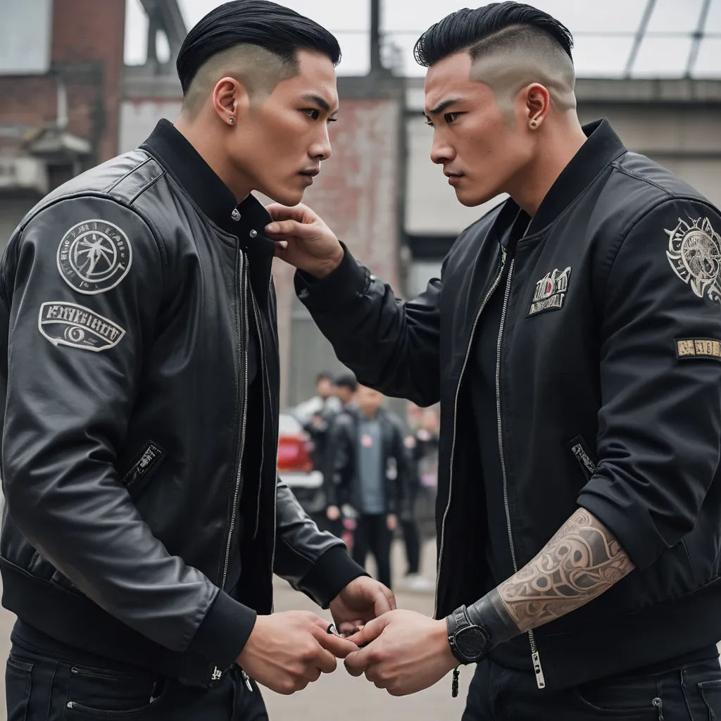 two men standing next to each other in a parking lot with a motorcycle jacket on and one man putting on his jacket, neoism, a tattoo, Dai Jin, masculine