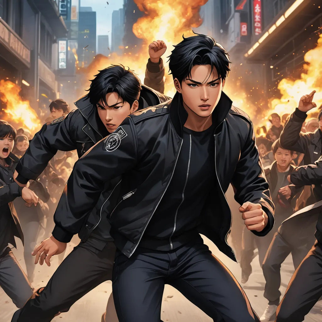 a group of young men in a city street with fire in the background and a man in a black jacket, sots art, a comic book panel, Cedric Seaut (Keos Masons), official art