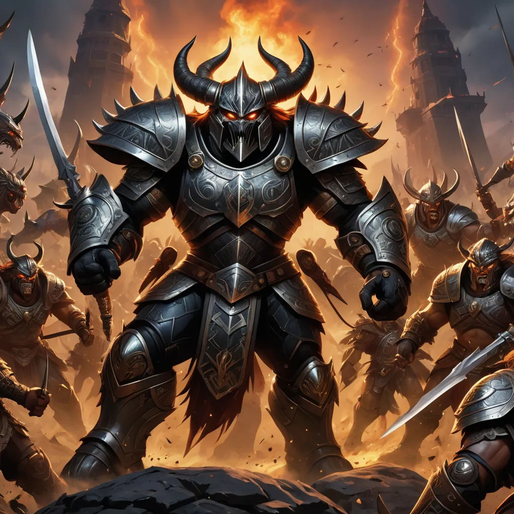 a group of knights with horns and armor on a hill with flames in the background and a castle in the background, fantasy art, concept art, Art of Brom, magic the gathering artwork