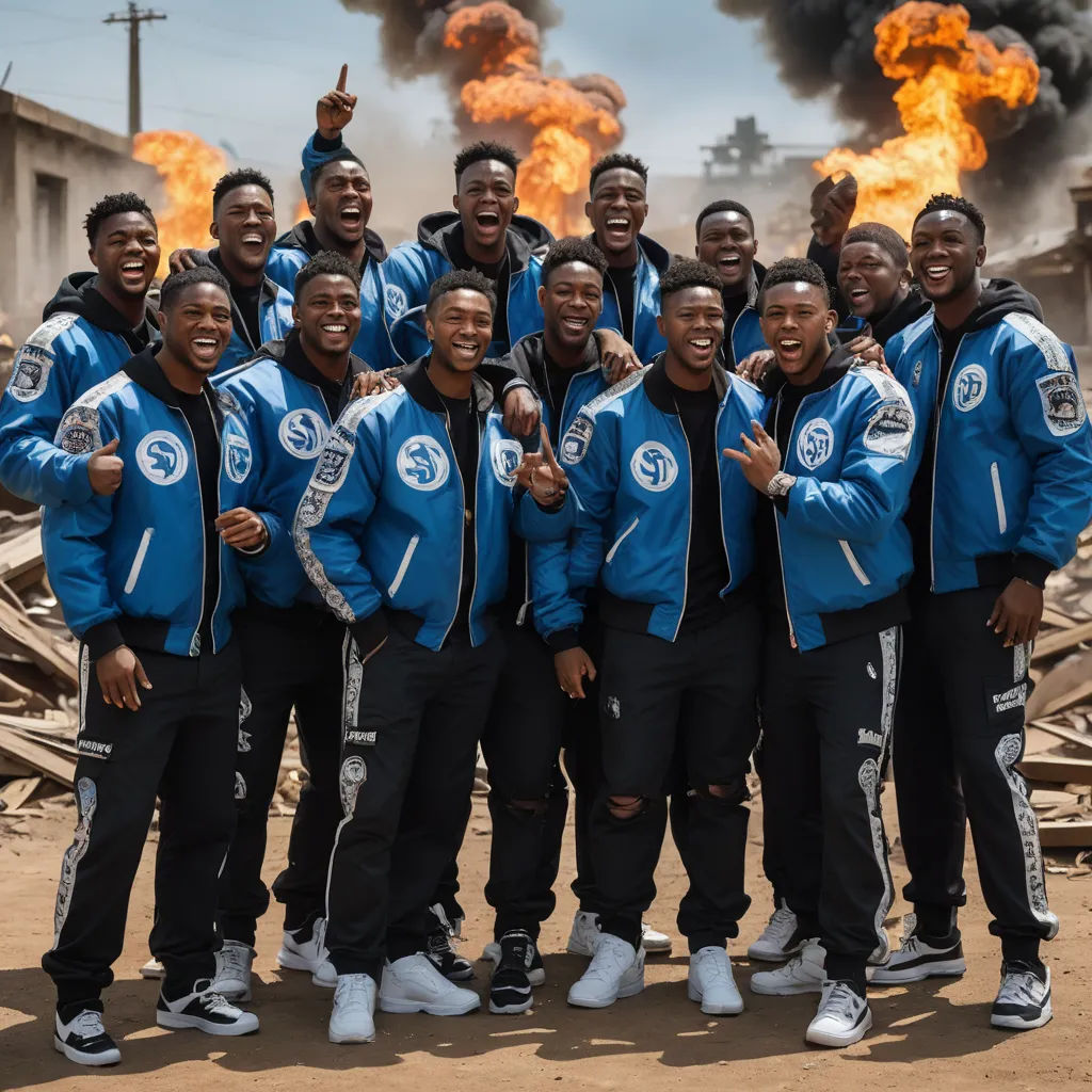 a group of men standing next to each other in front of a fire filled sky with smoke and flames, afrofuturism, a poster, Bruce Onobrakpeya, movie still