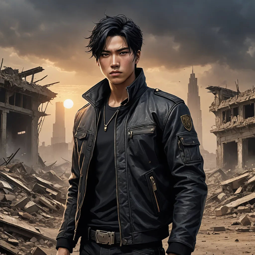 a man in a leather jacket standing in a destroyed building with a gun in his hand and a sun in the background, rayonism, a character portrait, Cedric Seaut (Keos Masons), key art