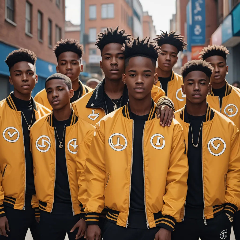 a group of young men standing next to each other in front of a building with a sign on it, harlem renaissance, a stock photo, Everett Warner, perfect symmetry