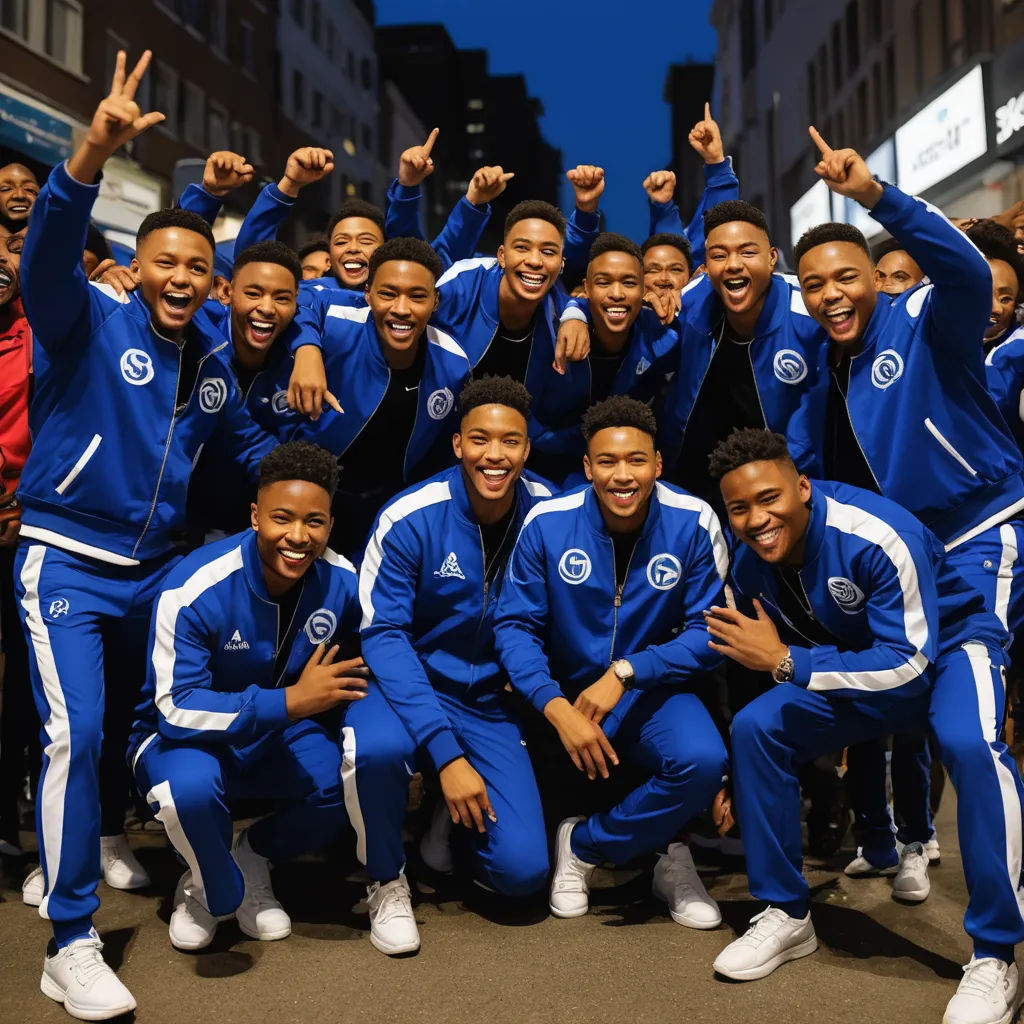 a group of men in blue track suits posing for a picture together with their hands in the air and their hands in the air, harlem renaissance, a photocopy, Andries Both, promotional image