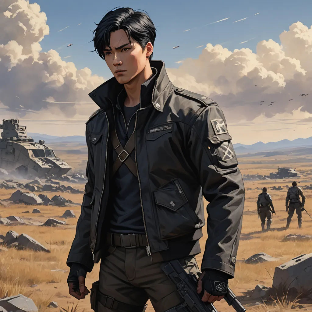 a man in a black jacket holding a gun in a desert area with other men in the background and clouds in the sky, sots art, a character portrait, Cedric Seaut (Keos Masons), key art