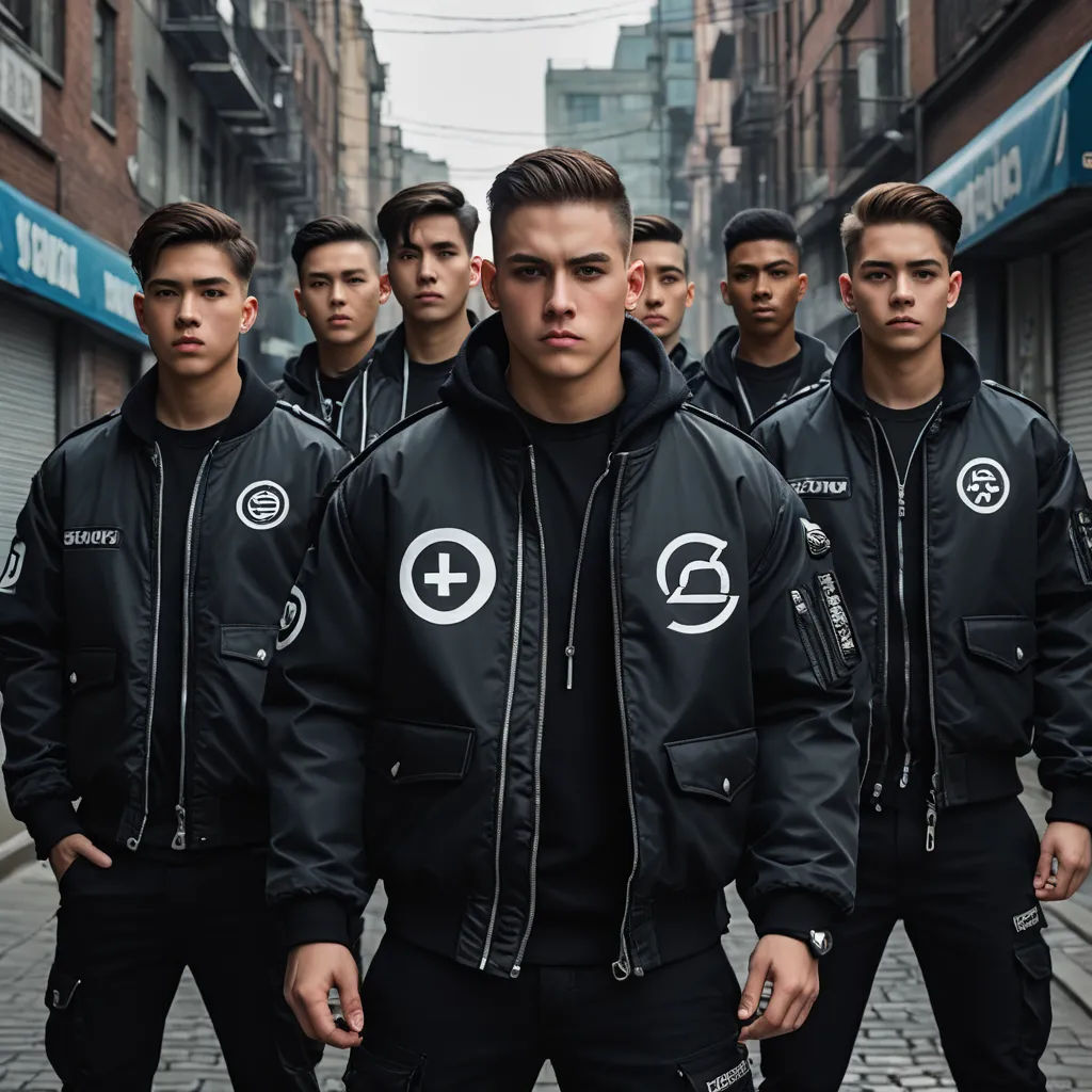 a group of young men standing next to each other on a street corner in front of a building with a sign that says,, antipodeans, a poster, Christian Hilfgott Brand, tech wear