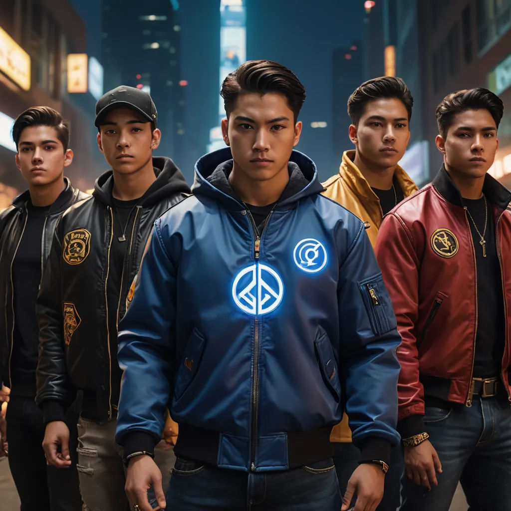 a group of young men standing next to each other in a city at night with neon lights on their jackets, rayonism, a poster, Du Jin, promotional image