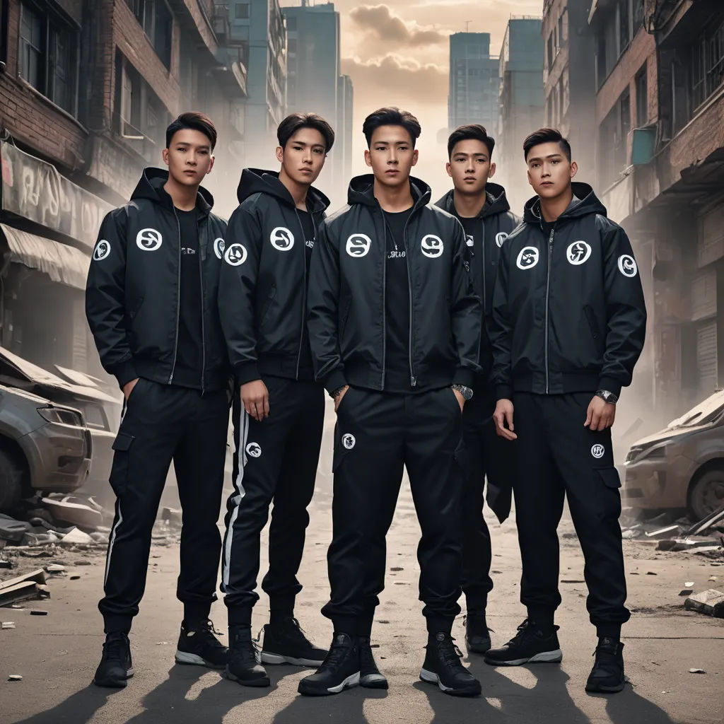 a group of young men standing next to each other in a city street with a building in the background, aestheticism, a poster, Fan Kuan, tech wear