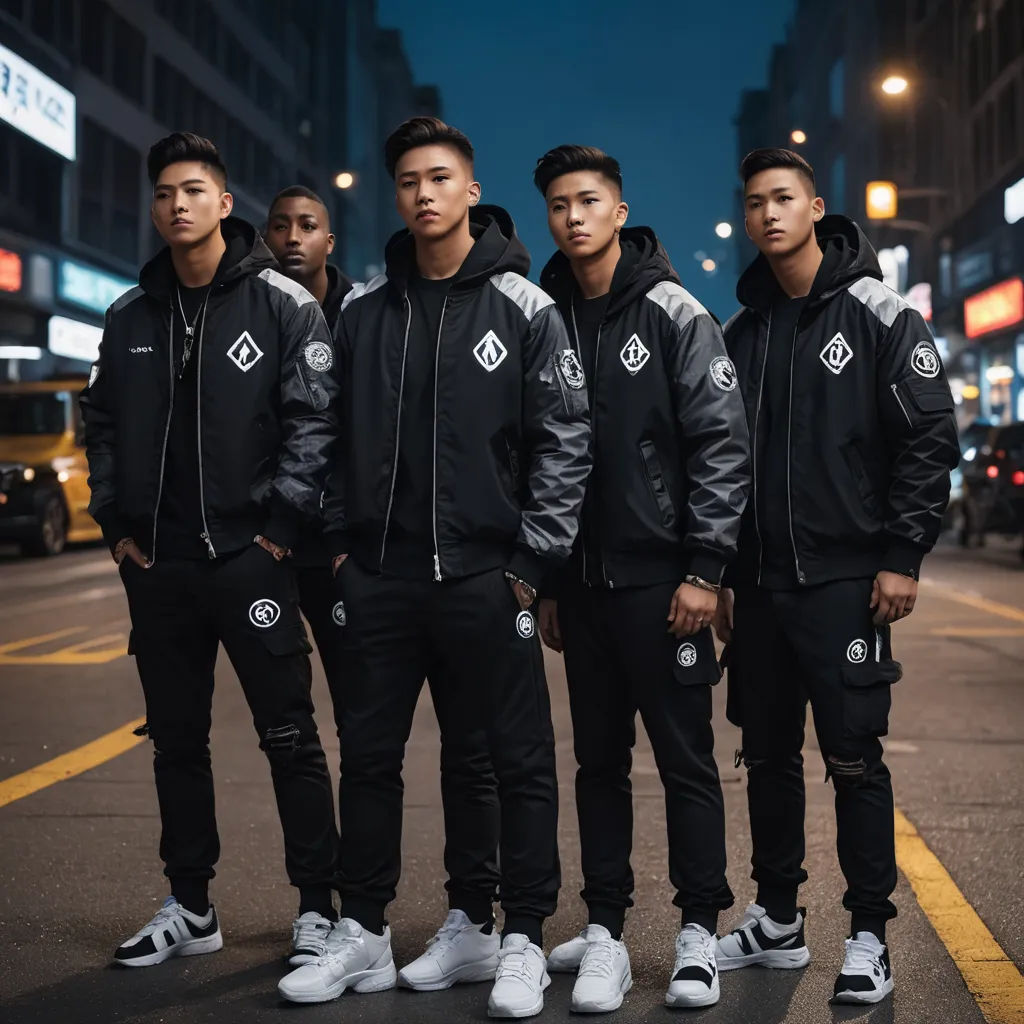 a group of young men standing next to each other on a street at night time, wearing black and white hoodies, harlem renaissance, a black and white photo, Fan Kuan, tech wear