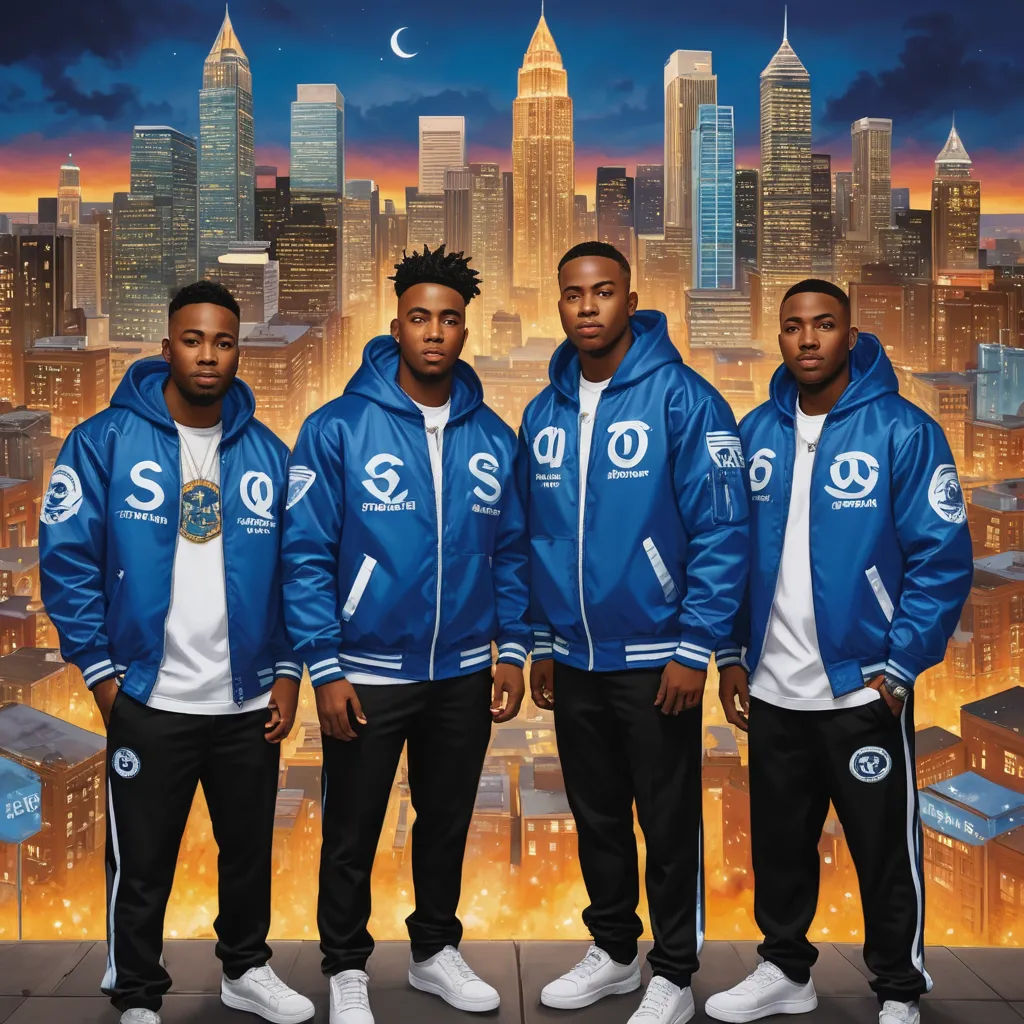 a group of men standing next to each other in front of a city skyline with a sky background and a crescent, harlem renaissance, an album cover, Altichiero, album cover