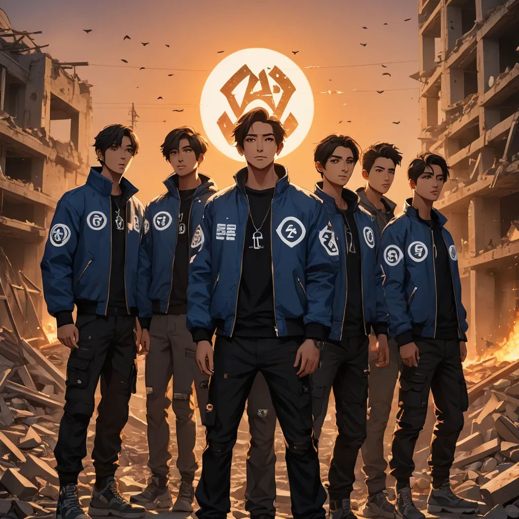 a group of young men standing next to each other in front of a building with a giant sign above them, rayonism, an album cover, Bian Jingzhao, key art