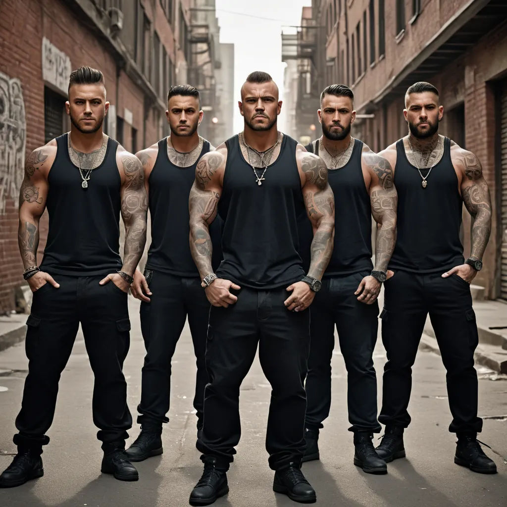 a group of men standing next to each other in a alleyway with a brick building in the background, antipodeans, a poster, Adam Willaerts, promotional image