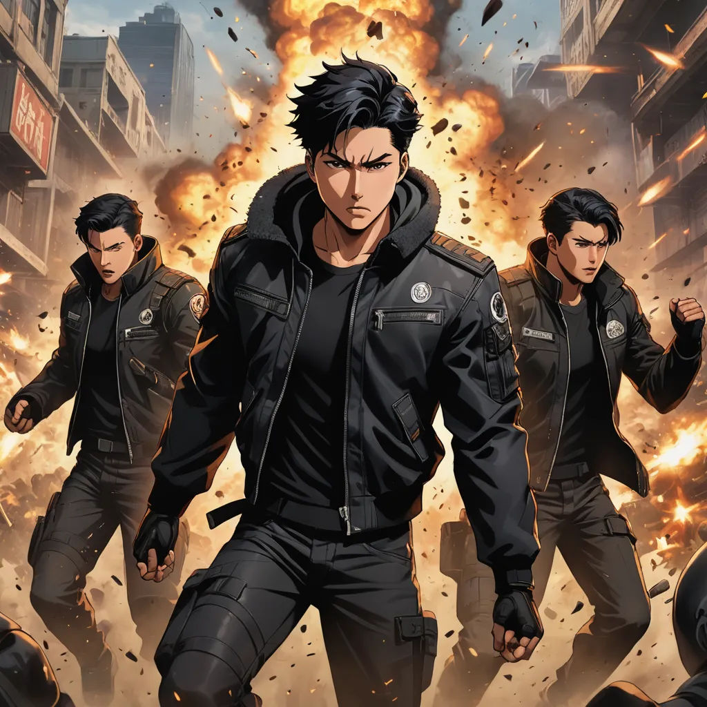 a group of men in black jackets and a bunch of fireballs in the air behind them are buildings, sots art, poster art, Du Jin, official art