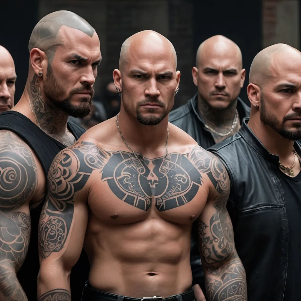 a group of men with tattoos on their chests and arms and shoulders, all looking in different directions, antipodeans, a tattoo, Altichiero, vfx