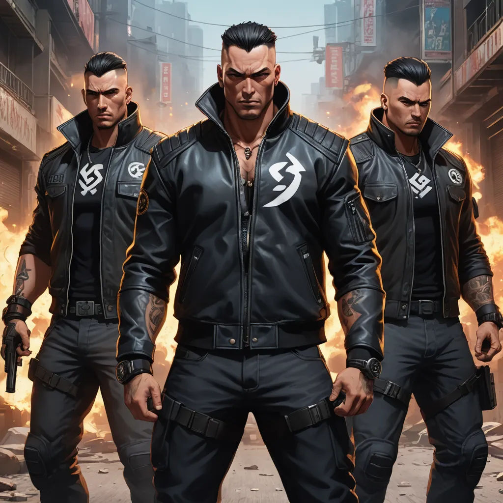 a group of men in leather jackets standing in front of a fire filled street with buildings and buildings in the background, sots art, a character portrait, Du Jin, key art