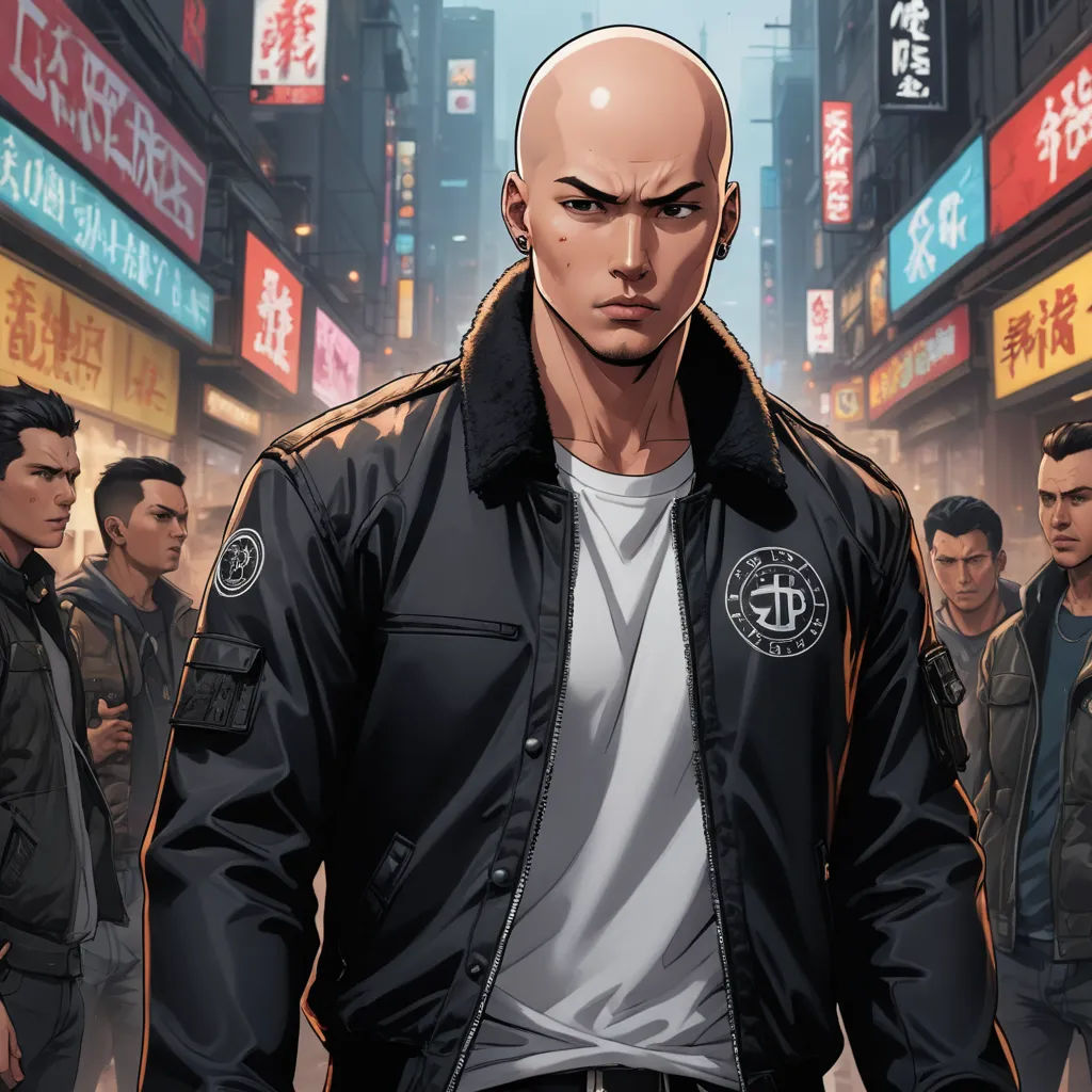 a man in a black jacket is standing in a city street with other men in the background and asian characters on the street, sots art, a comic book panel, Du Jin, comic cover art