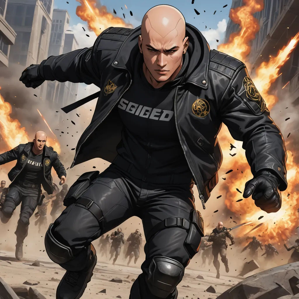 a man in a black jacket is running in front of a group of men in black uniforms and holding guns, antipodeans, a comic book panel, Cedric Seaut (Keos Masons), comic cover art