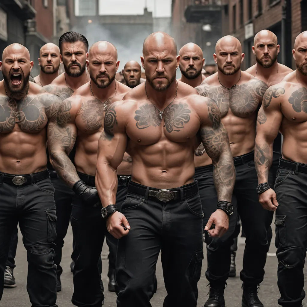 a group of men with tattoos and piercings on their chests are walking down a street in a line, antipodeans, a stock photo, Altichiero, affinity photo