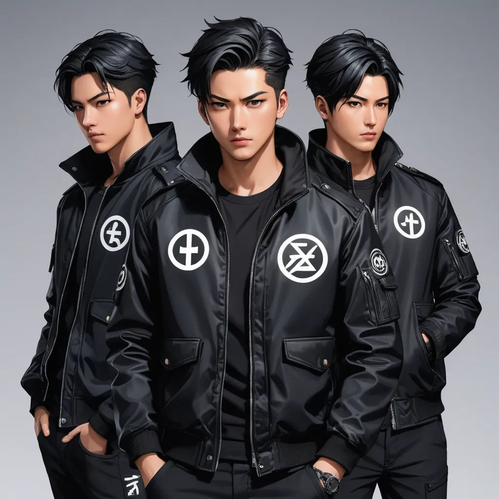 three young men in black jackets with white symbols on them, one wearing a black shirt and the other a black jacket, lyco art, concept art, Bian Jingzhao, official art