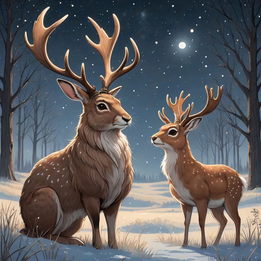 two deer standing next to each other in a forest at night with the moon in the sky above them, furry art, an oil painting, Dan Mumford, leesha hannigan