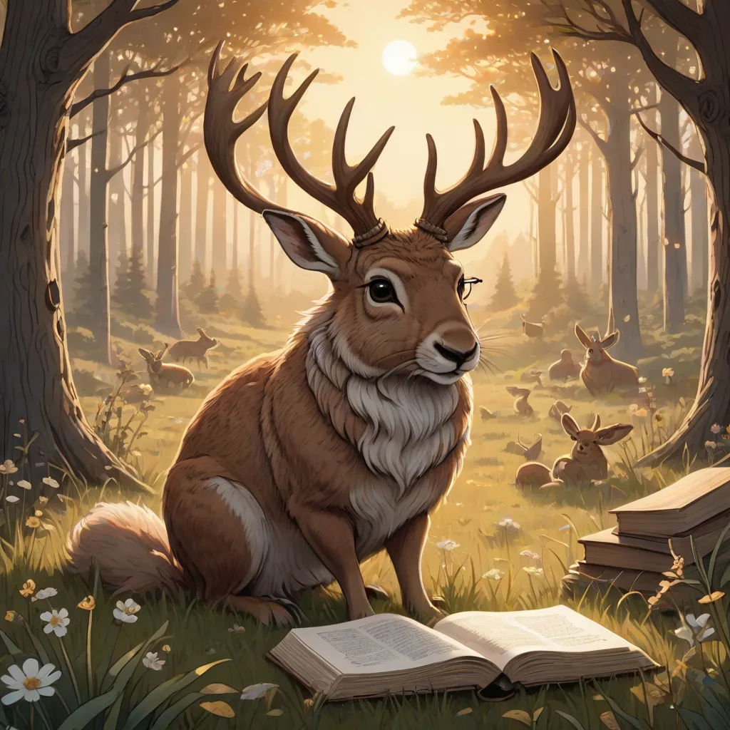 a deer sitting in the grass with a book in front of it and a forest full of deer in the background, fantasy art, a storybook illustration, Chris LaBrooy, storybook illustration