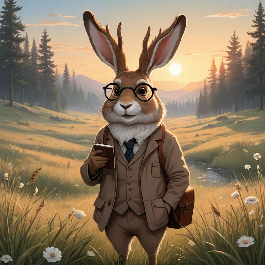 a rabbit in a suit and glasses holding a cell phone in a field of grass and flowers with the sun in the background, furry art, a character portrait, Chris LaBrooy, official art