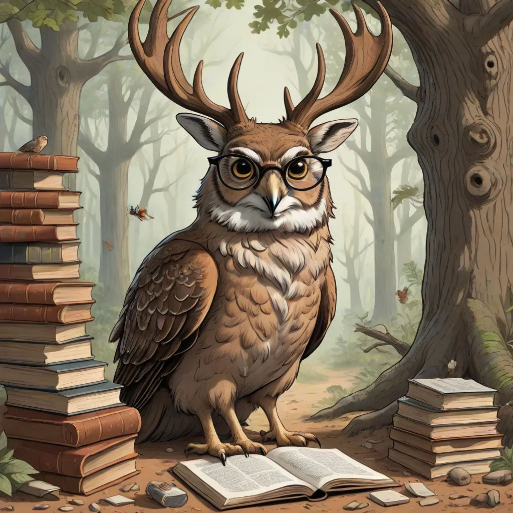 a painting of an owl with glasses sitting on a stack of books in a forest with a deer's head, fantasy art, a storybook illustration, Chris LaBrooy, storybook illustration