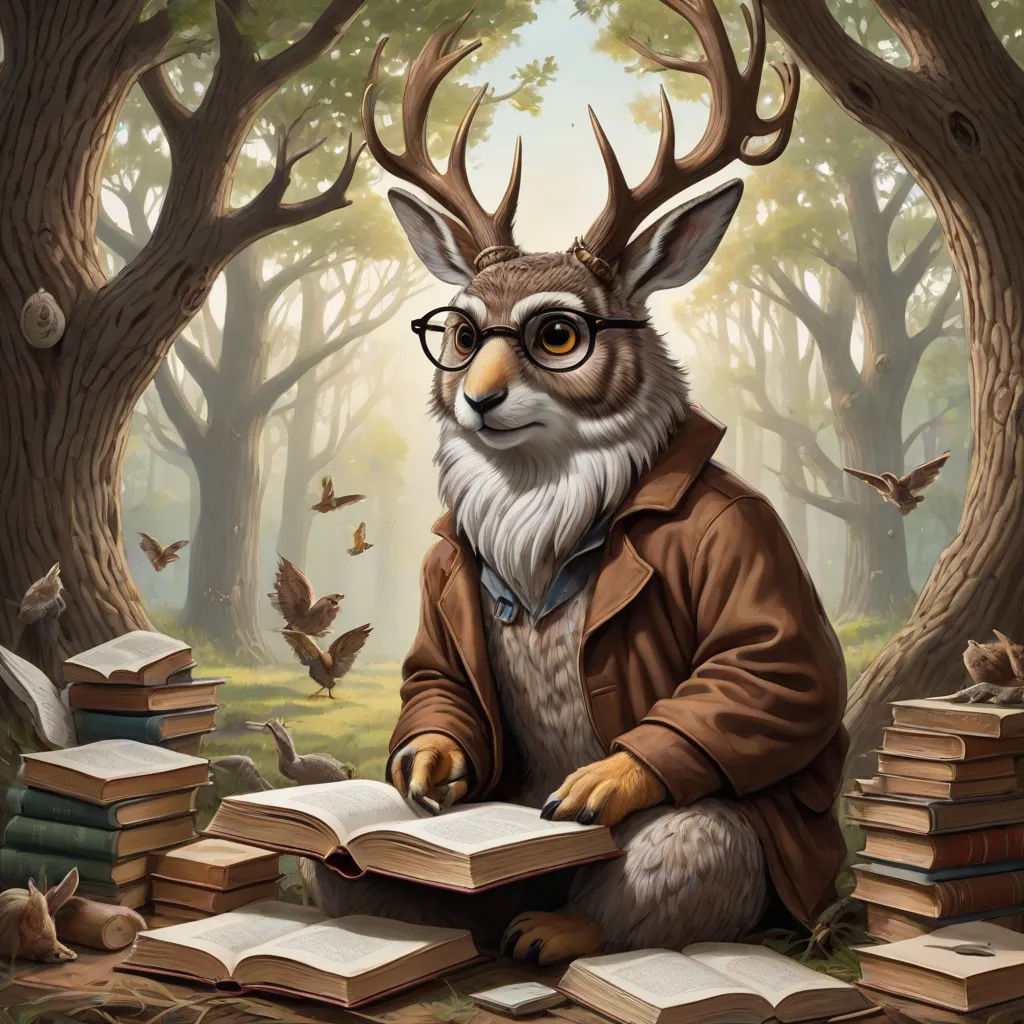 a painting of a deer with glasses reading a book in a forest with many books on the ground and birds flying around, furry art, a storybook illustration, Chris LaBrooy, storybook illustration