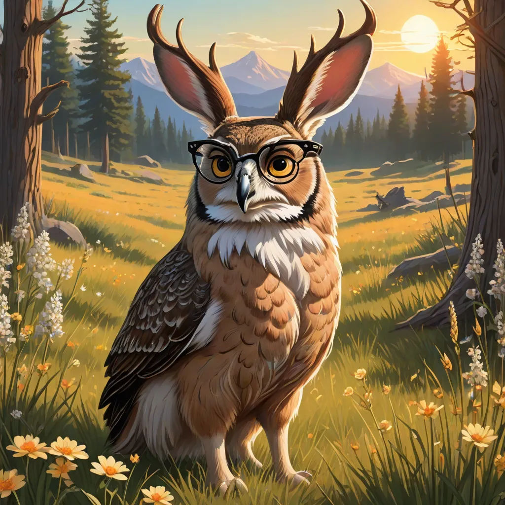 a painting of an owl wearing glasses in a field of flowers and trees with a mountain in the background, altermodern, a character portrait, Chris LaBrooy, magic the gathering artwork