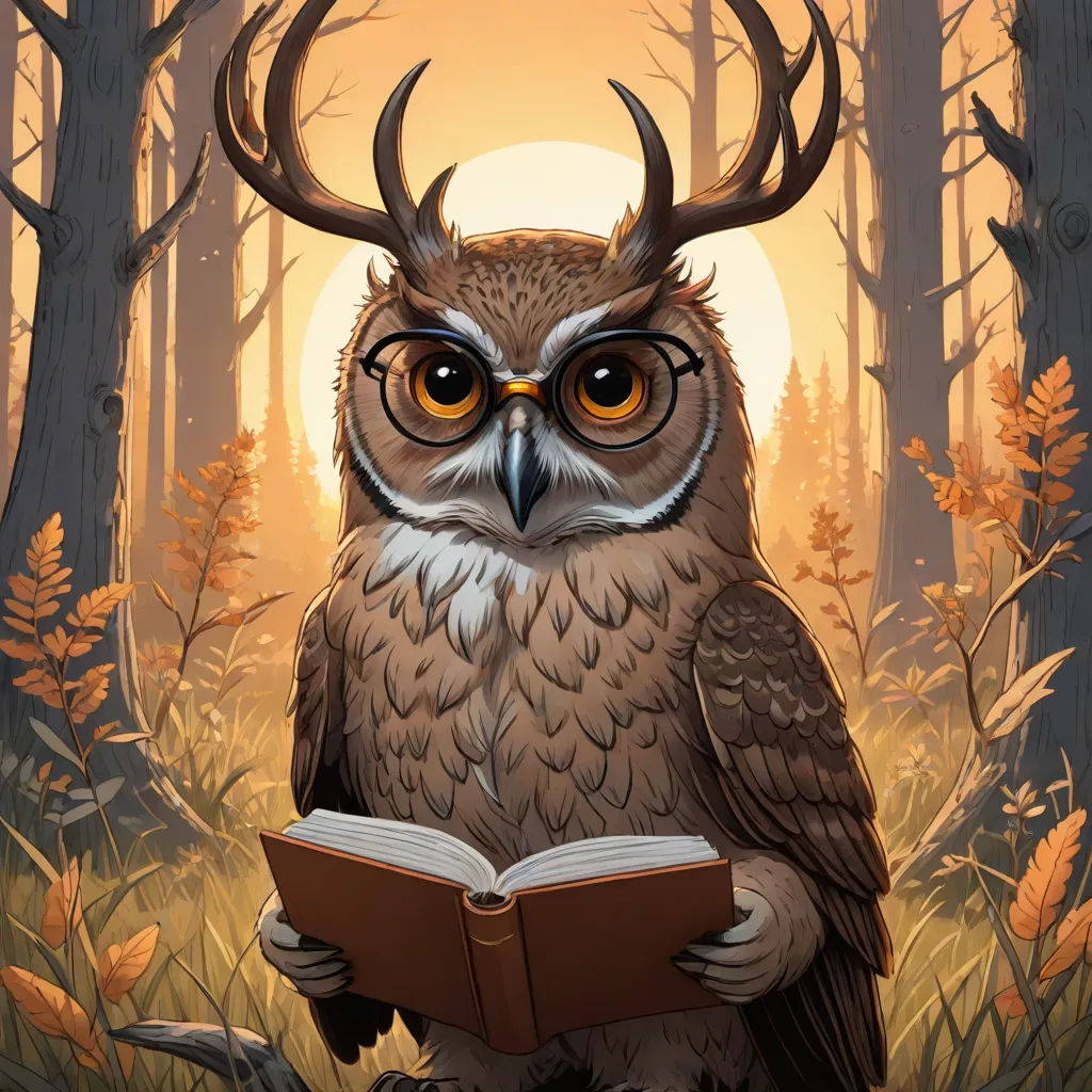an owl with glasses is reading a book in the woods at sunset with a deer's head on its back, fantasy art, a storybook illustration, Dan Mumford, behance hd