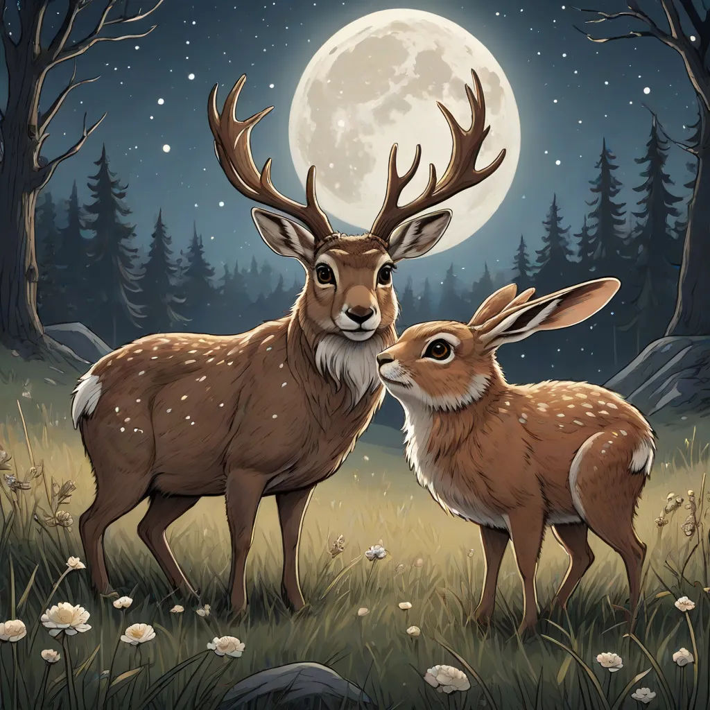two deers are standing in a field with a full moon in the background and trees and flowers in the foreground, furry art, a storybook illustration, Dan Mumford, leesha hannigan