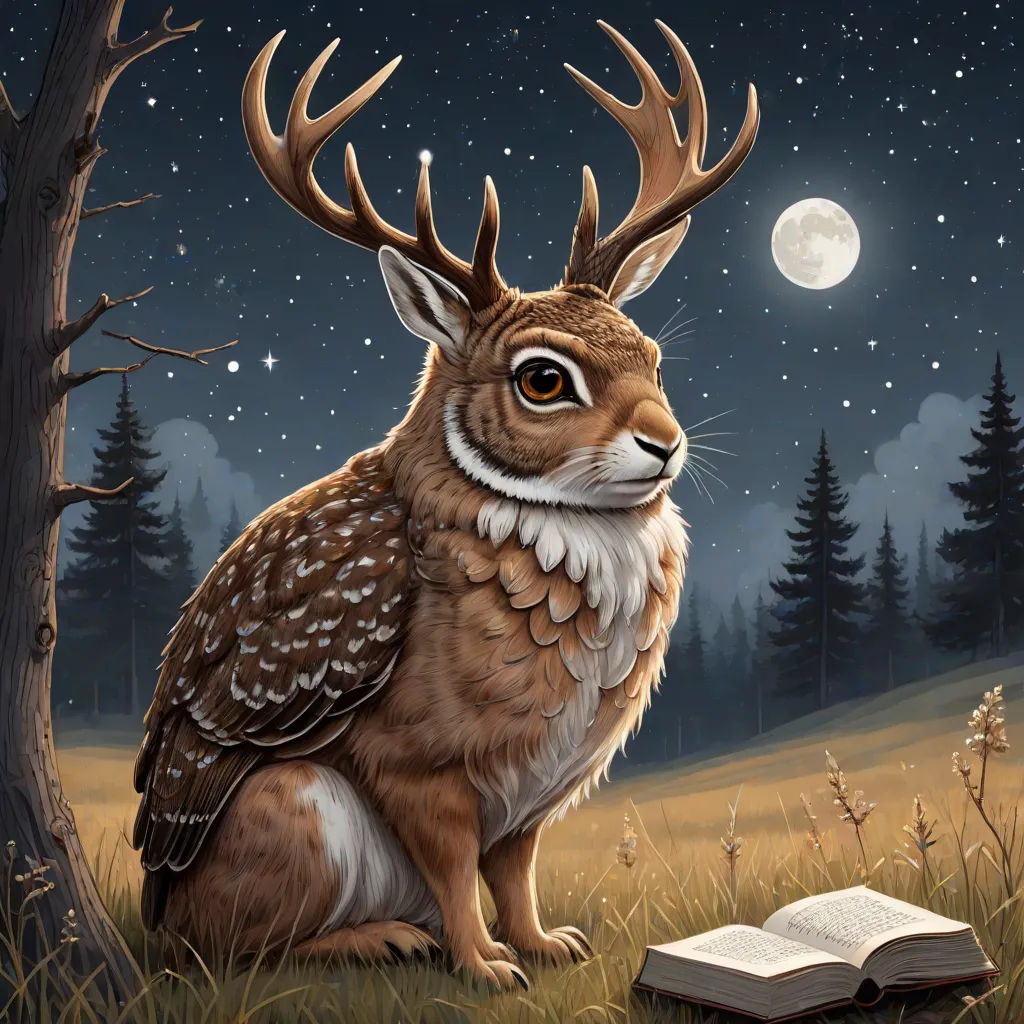 a painting of a deer sitting in the grass with a book in front of it and a full moon in the background, magical realism, a storybook illustration, Chris LaBrooy, leesha hannigan