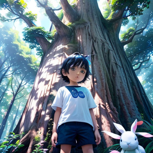 a girl standing next to a bunny in a forest with a tree in the background and a stuffed animal in the foreground