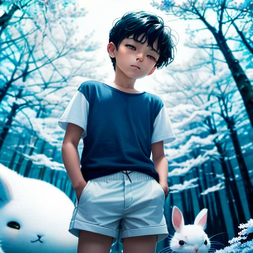 a boy standing in front of a forest with a bunny and a cat in front of him, with a blue sky background