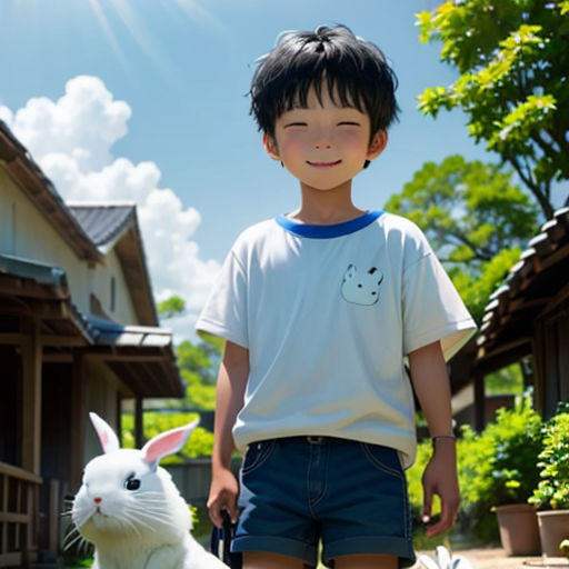 a boy standing next to a white rabbit on a sidewalk in front of a house with a blue sky